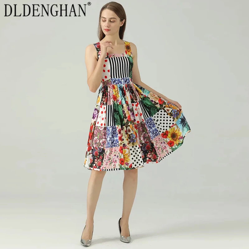 

DLDENGHAN Designer Plaid Patchwork Print Indie Folk Dress For Women Square Collar Sleeveless High Waist Dresses Summer New