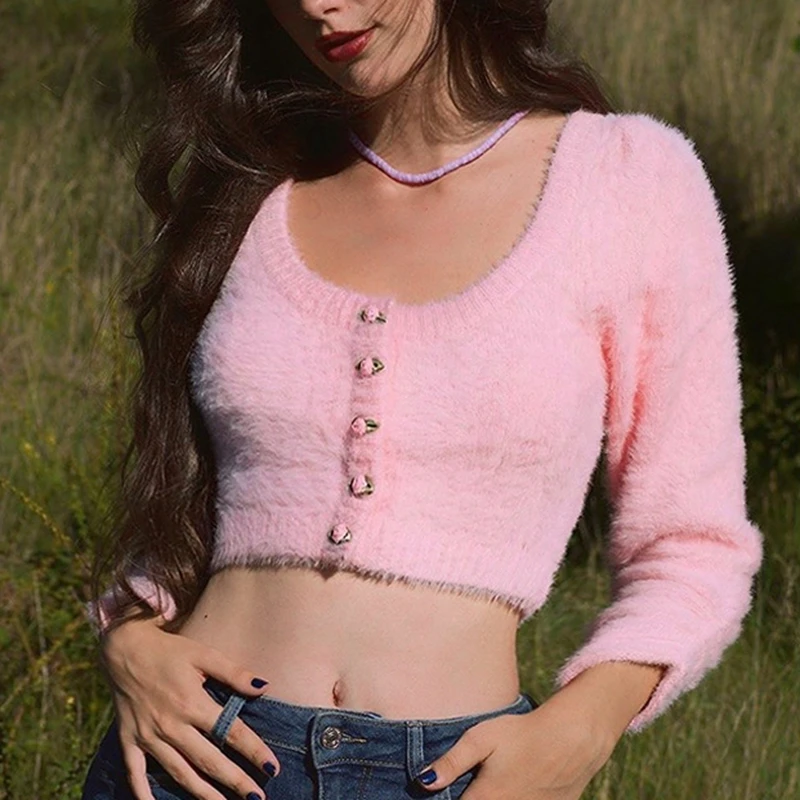 

Fall long sleeve top woman sweaters korean knitted cropped cardigan women Christmas sweater vintage flower cardigan fuzzy