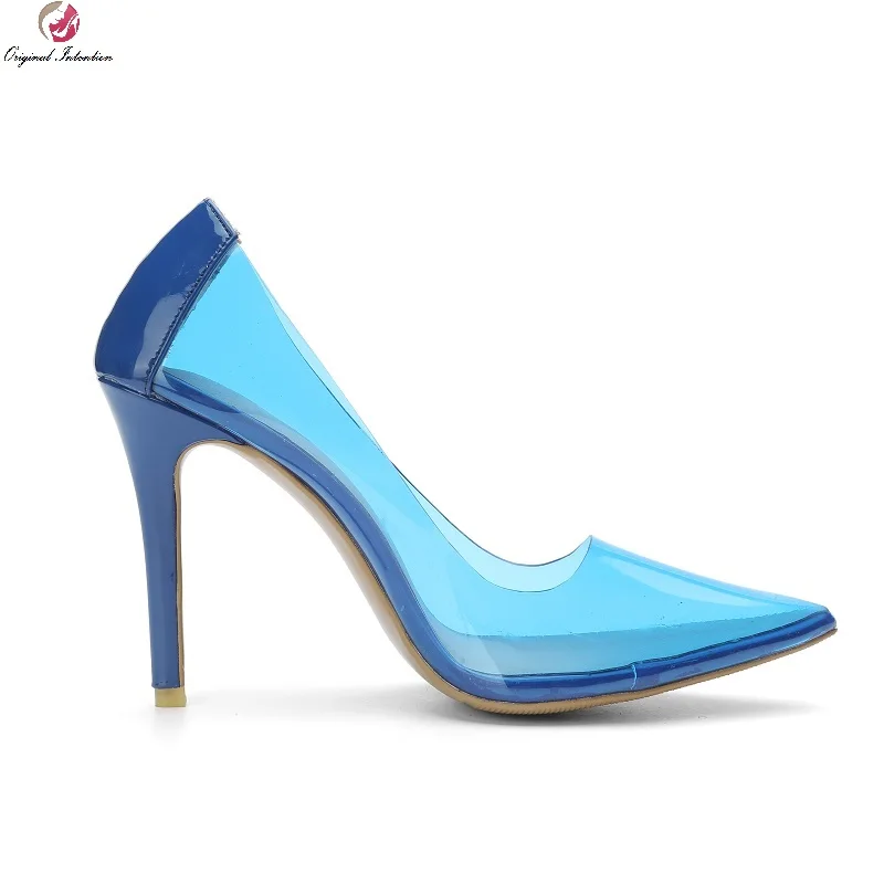 

Summer High 10CM Heels Women Pumps Blue PVC Concise Slip On Shallow Shoes Sexy Pointed Toe Ladies Thin Heels Dress Party Shoes
