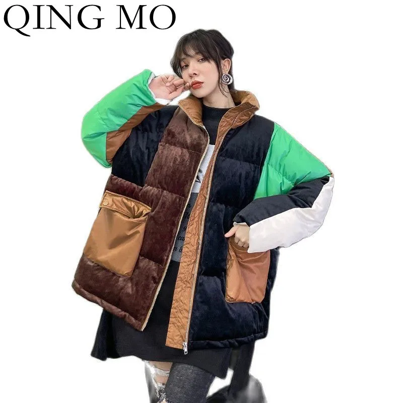 

Женская хлопковая куртка с высоким воротником QING MO, Короткая Толстая стеганая куртка контрастных цветов, зима 2021
