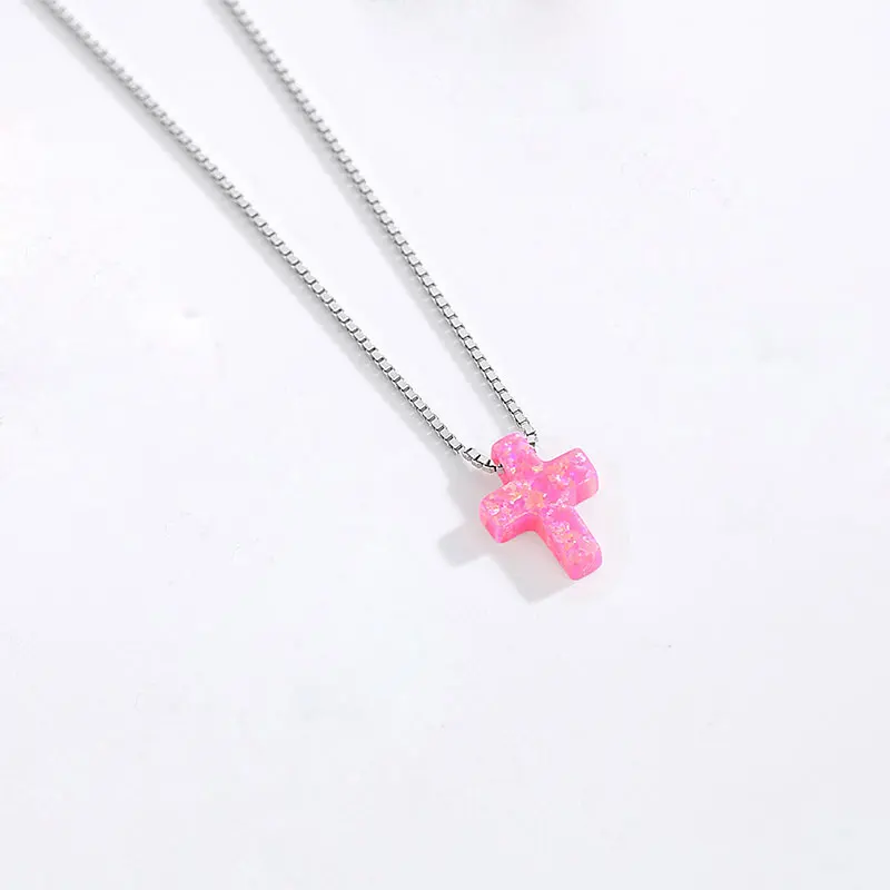 Pink Box Chain KALETINE Новое Женское Ожерелье с опаловым крестом подлинное 925 пробы серебро с голубым камнем крест очарование синтетический опал ожерелье четки - Окраска металла: Pink Box Chain