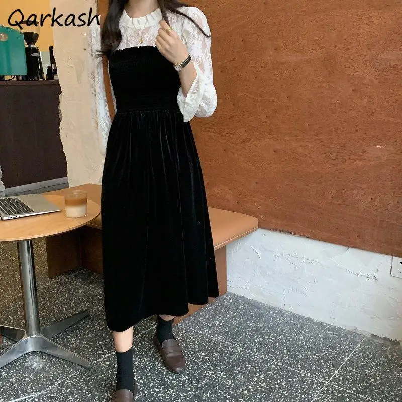 

Large Size Dresses Women S-3XL Patchwork Elegant Slender Trendy Temperament French Style Females Long Sleeve Designer Midi Chic