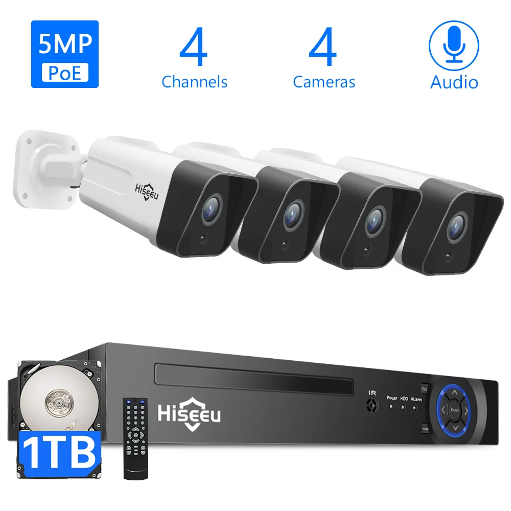 

Система видеонаблюдения PoE, 5 МП, жесткий диск ТБ, 4-канальный сетевой видеорегистратор PoE + 4 внешних IP-камеры PoE высокой четкости 5 Мп