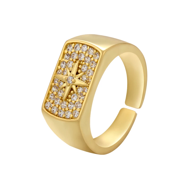 

QMHJE Signet Ring for Women Men Square Geometric North Star Crystal Stone Gold Silver Color Jewelry Wedding Engagement Gift