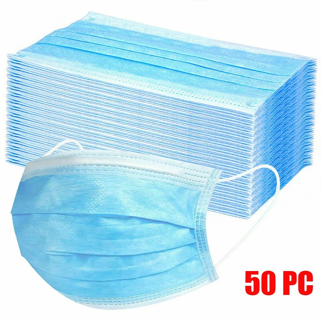 

50pc Blue Disposable Face Masks Halloween Cosplay Dustproof Breathable Nonwoven Fabric Masker 3 Ply Filter Maska Halloween Cos