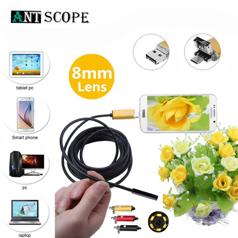 Antscope 2 в 1 USB Android эндоскоп камера м/5 м/10 м ПК и 8 мм телефоны бороскоп змея трубка