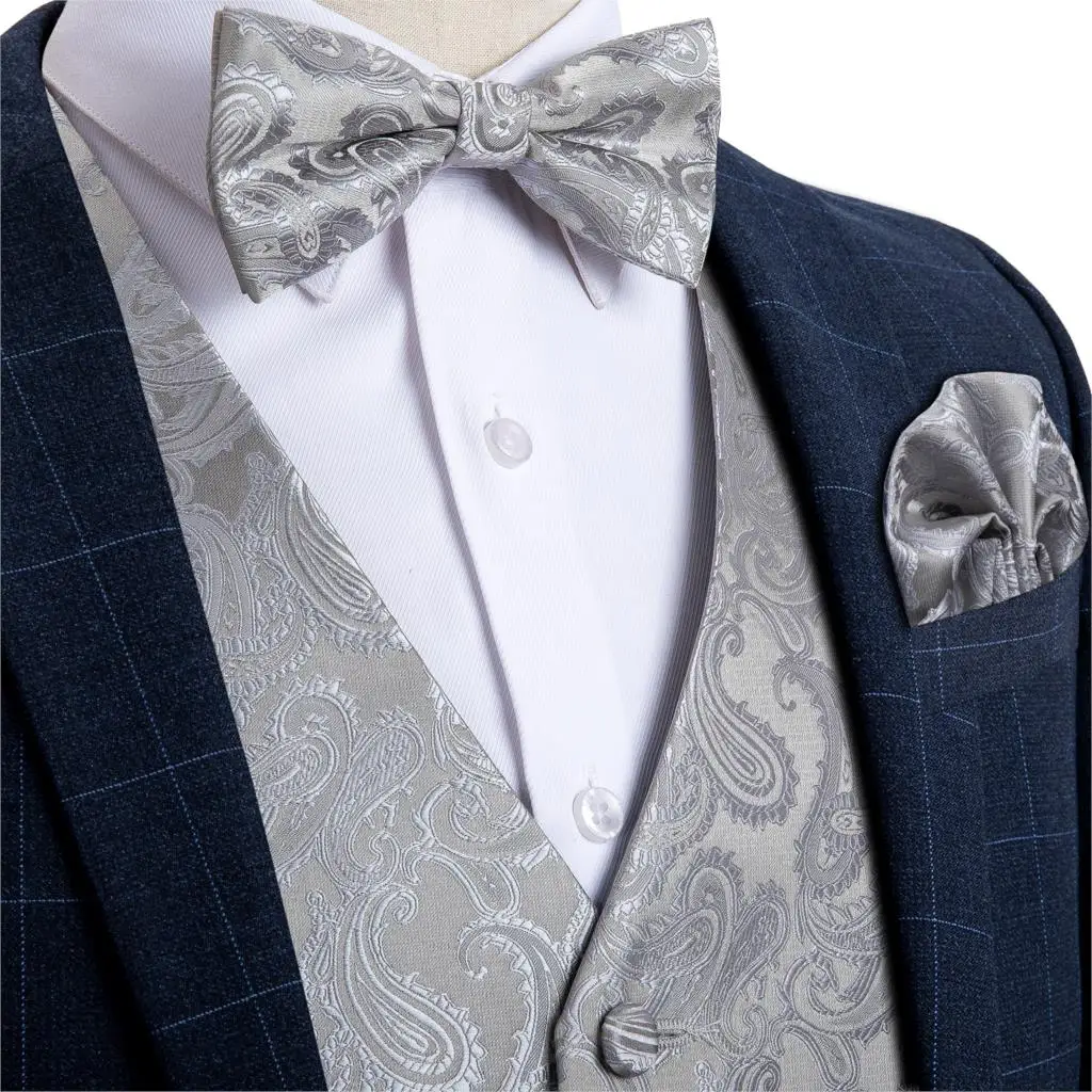 

Men Silver Paisley Silk Suit Vest Bow Tie Set Wedding Formal Tuxedo Waistcoat Men Sleeveless Jacket Vest Pocket Square DiBanGu