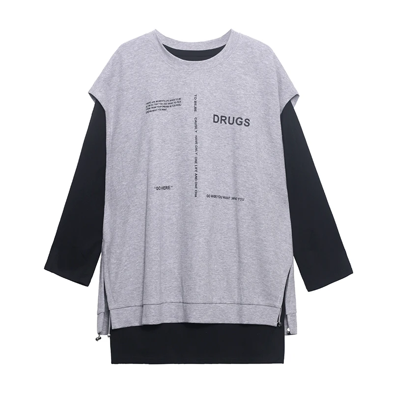 

XUXI Women, Long-sleeved, T-shirt, Female,Loose, Sleeveless, Vest, Blouse+inner, Base Shirt, Two-piece Spring Autumn 2021 E182