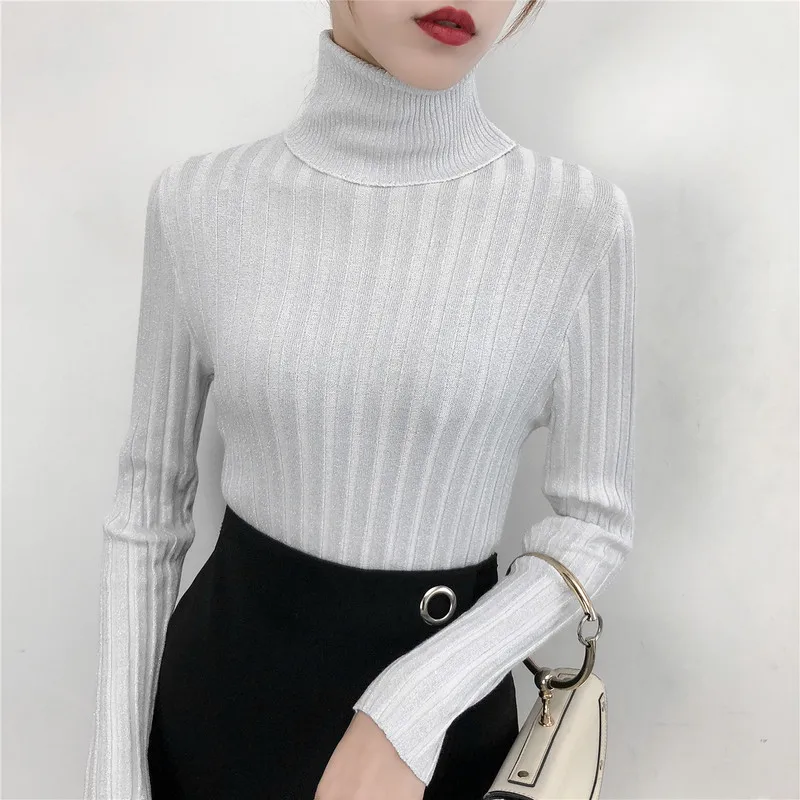 Shiny Lurex Autumn Winter Women Sweater Casual Long Sleeve Turtleneck Slim Pullover 2019 Korean Style Knitted Tops | Женская одежда
