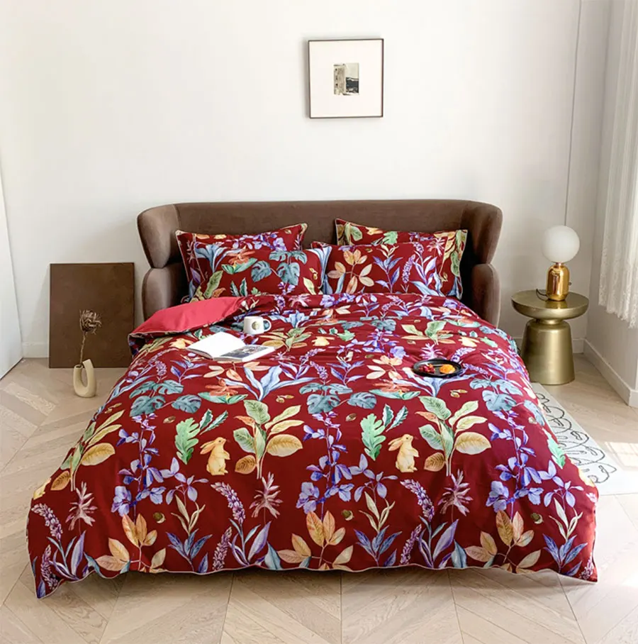 

Fashion red yellow blue bedding set,full queen king cotton vintage plant double home textile bed sheet pillow case duvet cover