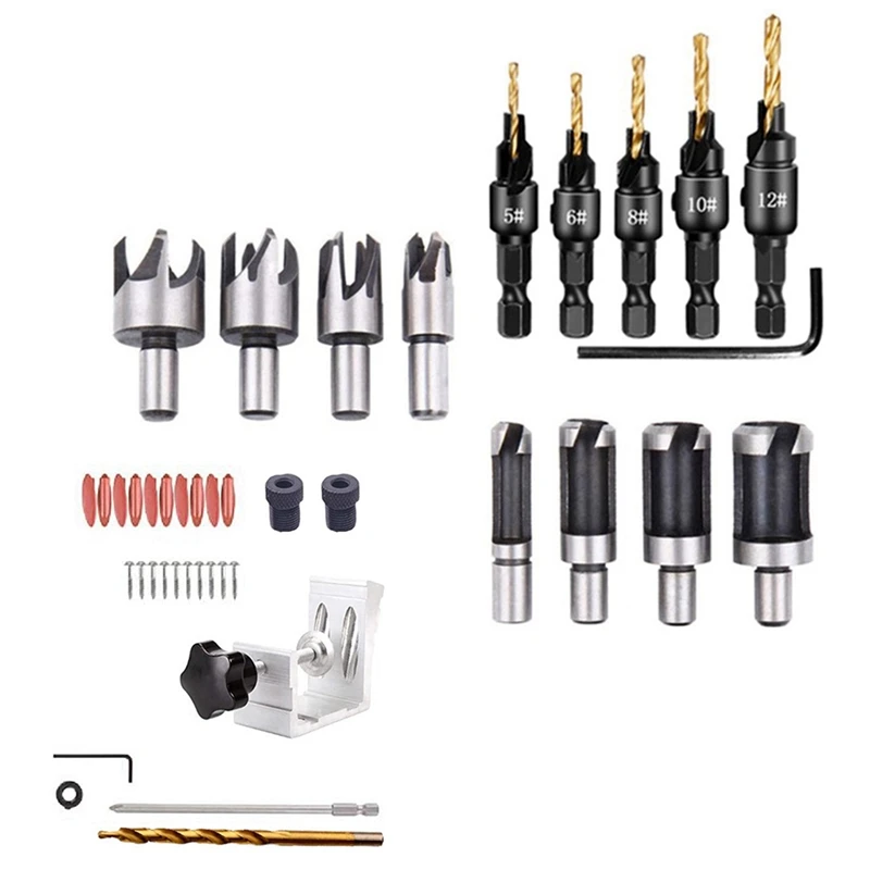 

1 Set Pocket Hole Woodworking Tools & 1 Set Countersink Drill Bit Wood Plug Cutter Screw Drilling Pilot Holes