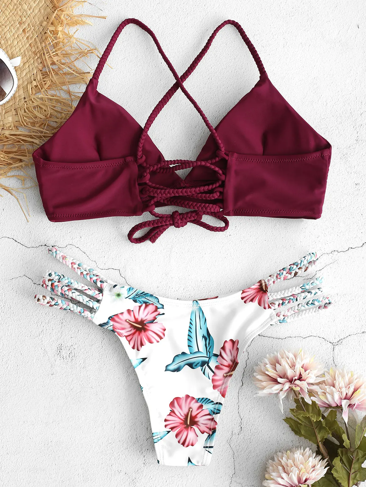 Комплект бикини с плетеными бретельками и цветами ZAFUL | Женская одежда