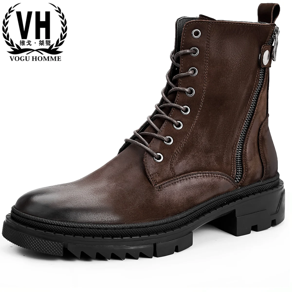 

round head casual combat boots men High Quality Genuine Leather thick-soled military boots mens chelsea boots all-match cowhide