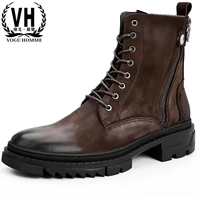 round head casual combat boots men high quality genuine leather thick soled military boots mens chelsea boots all match cowhide
