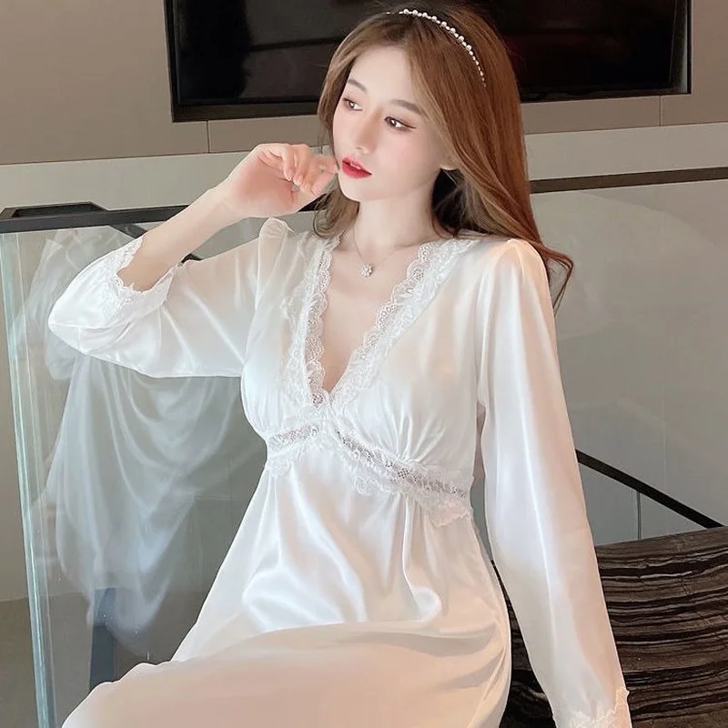 QWEEK Night Dress Women Sleepwear Pink White Solid Color Nightgowns V Neck Lace Sexy Sleep Dress Sleepshirts Knee Length Autumn
