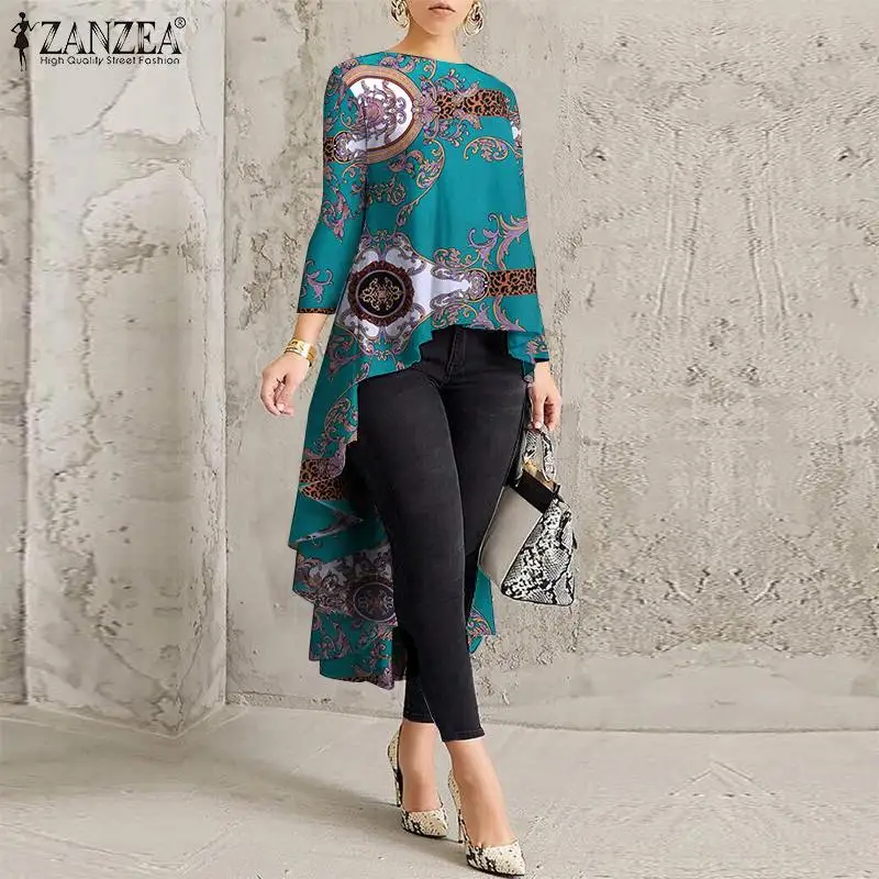 Стильная Асимметричная блузка ZANZEA женская рубашка с длинным рукавом и цветочным