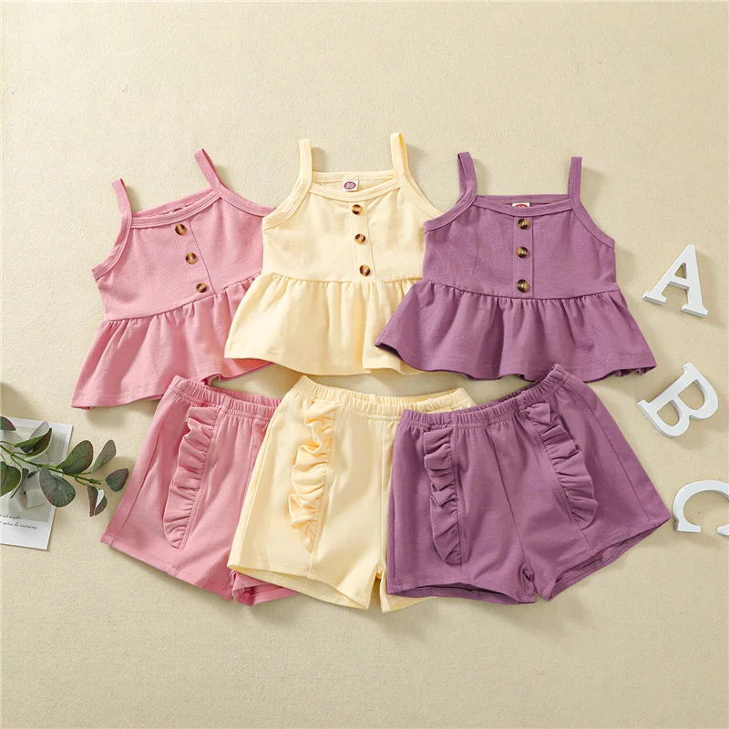 

Baby Girls summer casual Solid Color Set Two-pieces, Infant Toddler Square Collar Sleeveless Tops + Elastic Short Pants Set