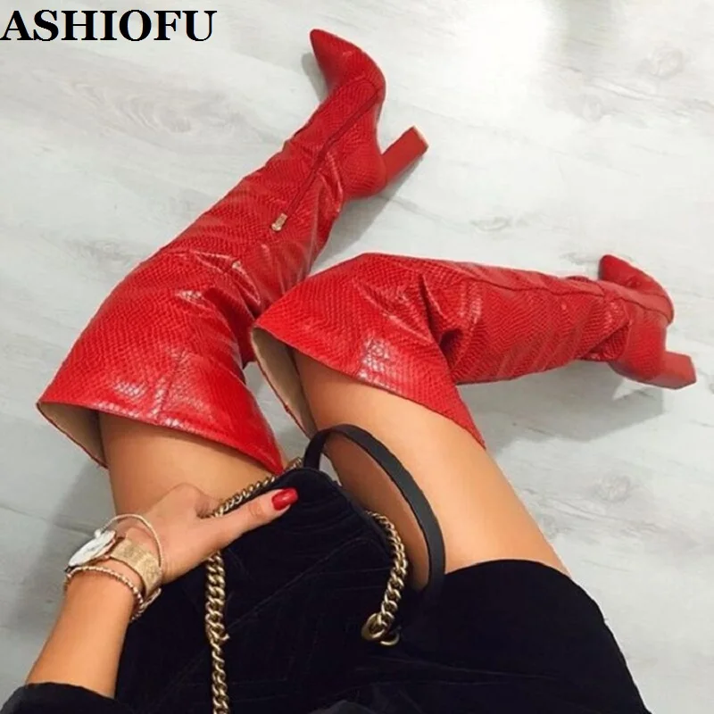 

ASHIOFU Handmade Ladies Chunky Heel Over Knee Boots Party Prom Sexy Club Thigh High Booties Evening Dress Fashion Winter Boots