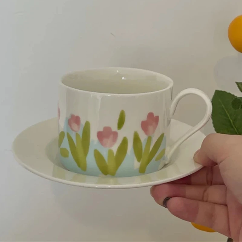 

New 250mL Vintage Flower Ceramic Coffee Cup Saucer Kitchen Breakfast Drinking Milk Tea Cup Set Reusable Decorative Cup Tableware