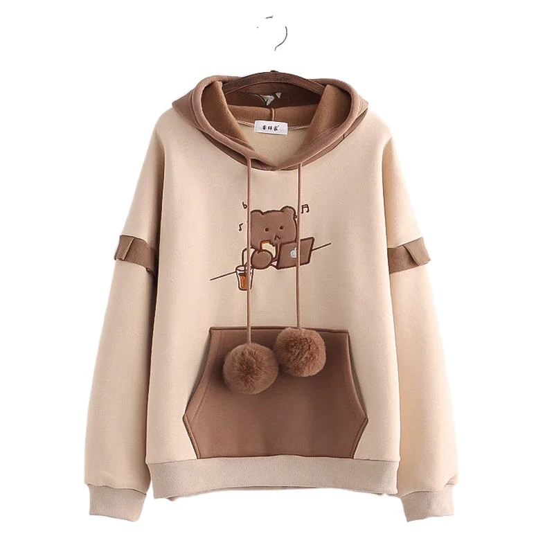Women Cartoon Bear Embroidery Pocket Fleece Thick Hooded Sweatshirts Girl Harajuku Hoodies Kawaii Pullovers With Horns 23094