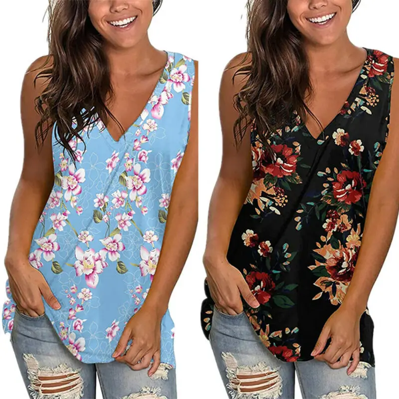 

Womens Floral V-Neck Sleeveless Tank Top Summer Casual Loose Vest T-Shirt Blouse
