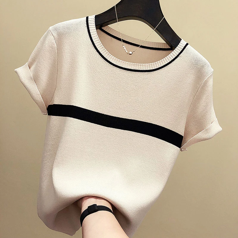 

LJSXLS Summer Thin Knitting Women's Sweater 2021 Black Short Sleeve Pullover Top Female Striped Casual O-Neck Jumpers Pull Femme