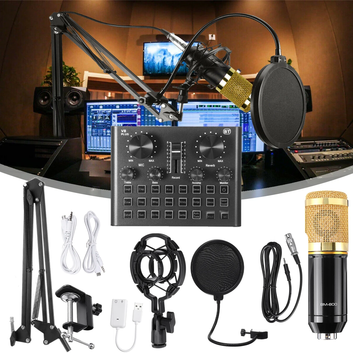 

Bm 800 Karaoke Condenser Microphone Mic For Pc Studio Microphone Braodcasting Singing Recording Karaoke Kit With V8 Sound Card