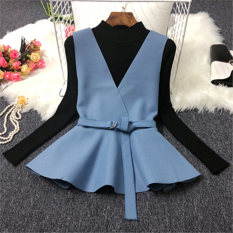 ALPHALMODA осень НОВАЯ Трикотажная нижняя рубашка+ жилет модный костюм из двух частей женский жилет с v-образным вырезом и поясом+ свитер с длинными рукавами