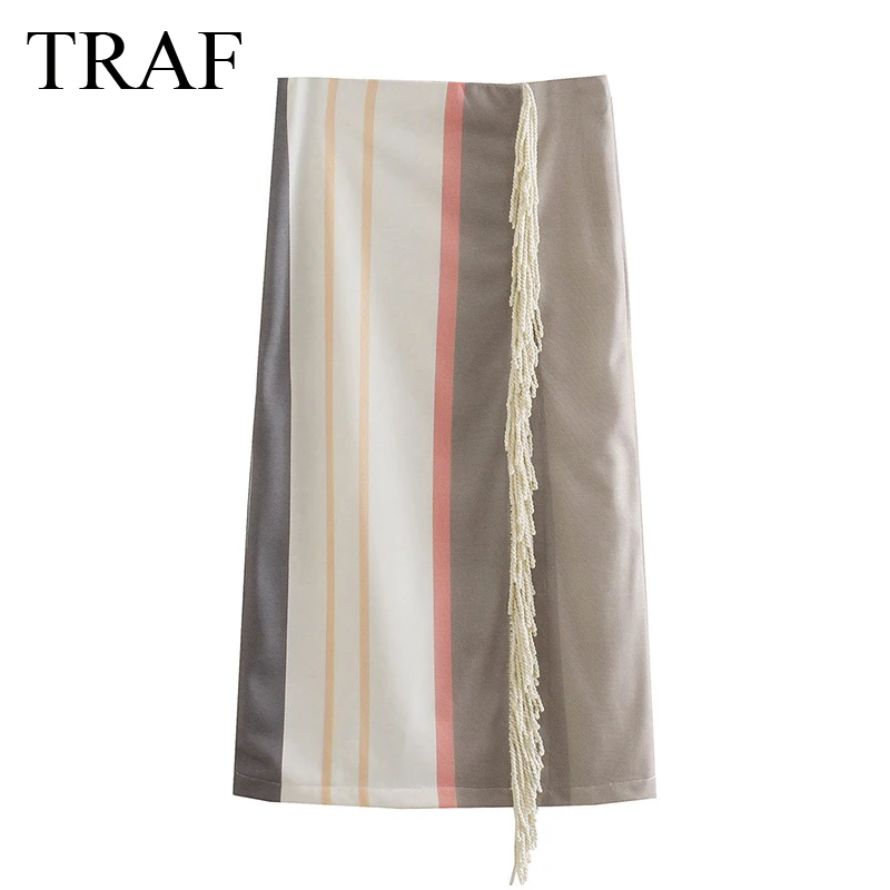 

TRAF ZA Women New Fashion Retro Skirt 2021 New Splicing Colorful Fringe Asymmetric A-line Chic Midi Long Color Contrast Skirt