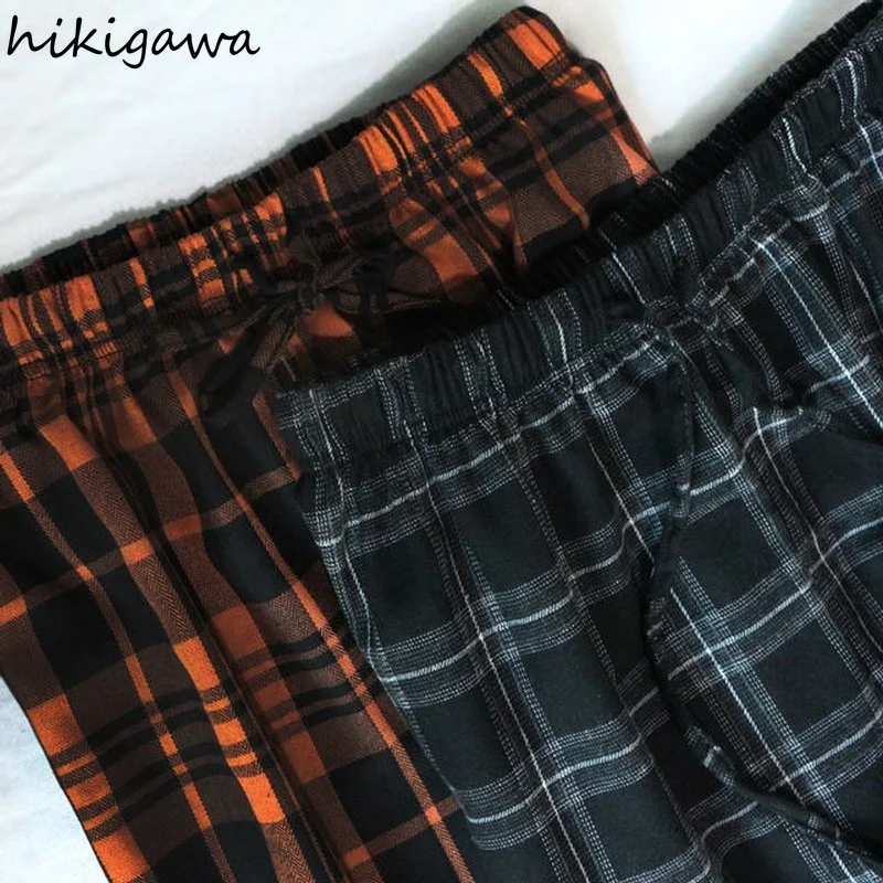 

Hikigawa Elastic High Waist Joggers Women Loose Straight Mujer Pantalones 2021 Plaid Japan Wide Leg Pants Long Harajuku Trousers