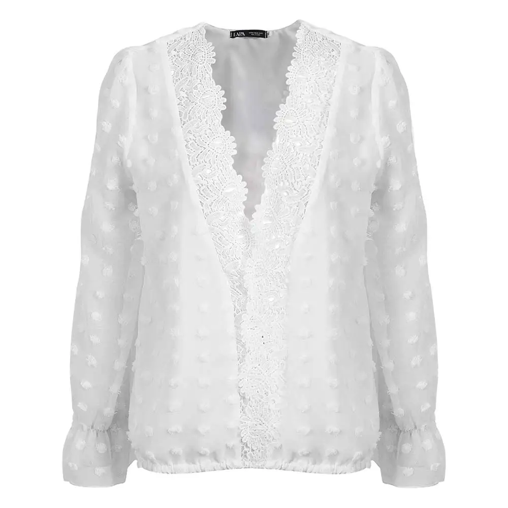 Женская блузка с длинным рукавом Белая Кружевная туника в стиле пэчворк весна 2021