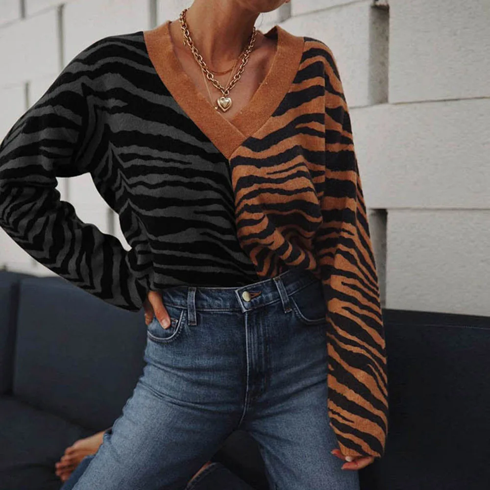 

2021 Autumn Winter Fashion Women Sweater V-neck Leopard Print Splicing Long Sleeve Western Style Pullovers Ladies Tops