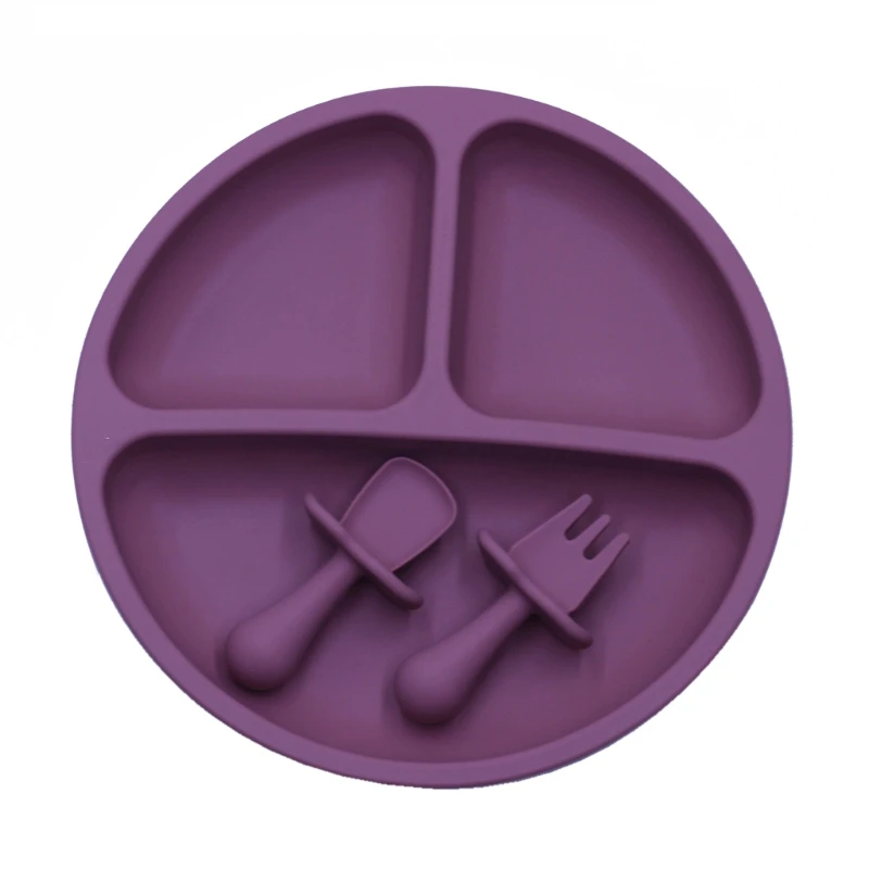 

3pcs/set BPA Free Baby Silicone Tableware Solid Color Dinner Plate Training Fork And Spoon For Children
