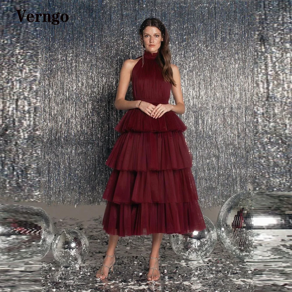 Verngo Dusty Pink/Burgundy/Black Evening Party Dresses High Neck Tulle Tiered Skirt A Line Prom Gowns Ankle Length Formal Dress