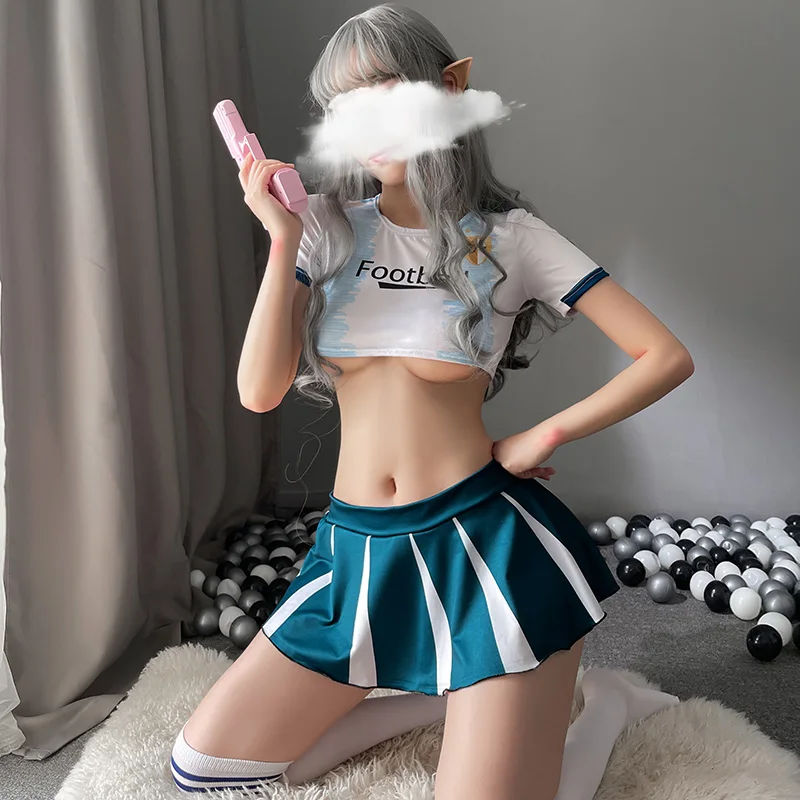 

Women Japanese Schoolgirl Cosplay Uniform Sexy Lingerie Gleeing Cheerleader Costume Crop Top with Miniskirt Halloween Clubwear