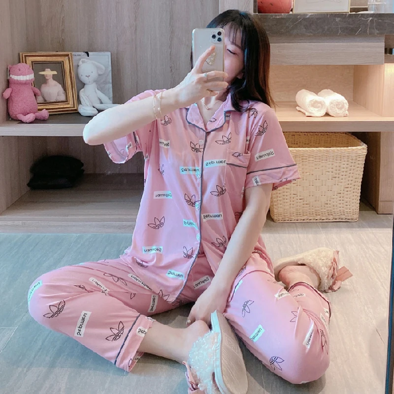 

New Spring Cartoon Print Women Pajamas Set Girls Silk Sleepwear Short Sleeve Long Trousers Loose Female Soft Homewear Suit