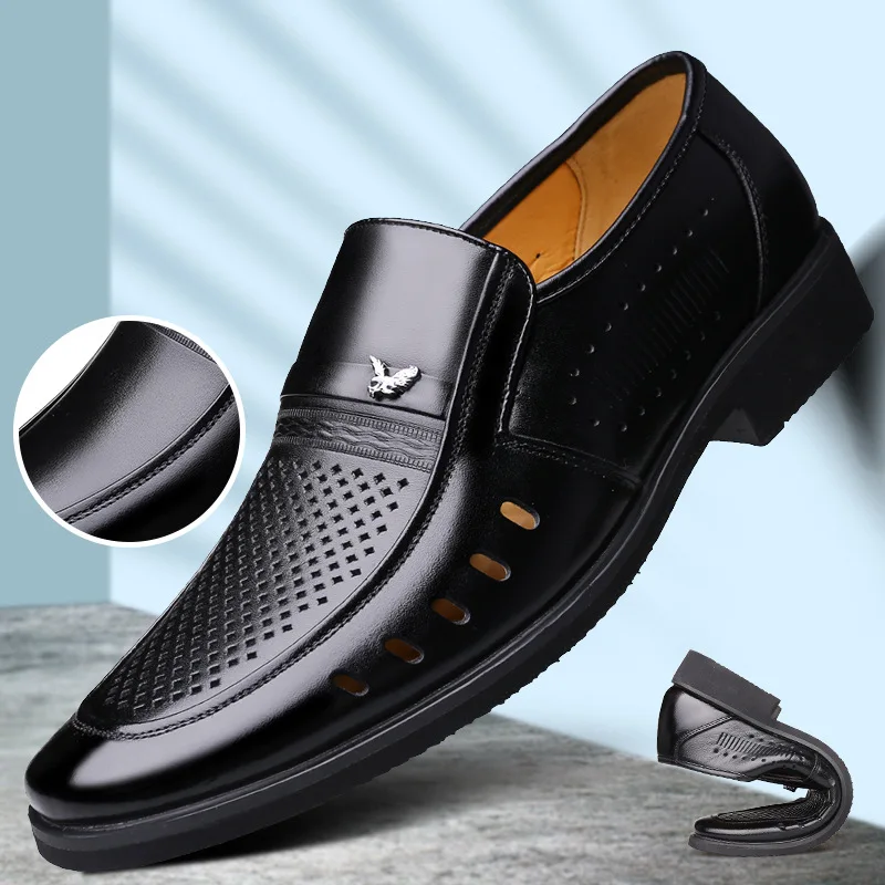 

New Men's Leather Shoes Summer 2020, Hollow Formal Wear Business Shoes round Toe Slip-on First Layer Cowhide