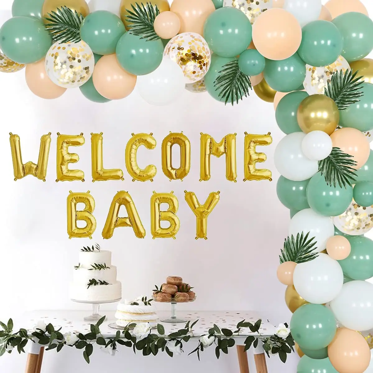 

Baby Shower Decorations Neutral Sage Green Gold Welcome Baby Foil Balloon Garland Arch Kit Baby Shower Party Supplies boy girl