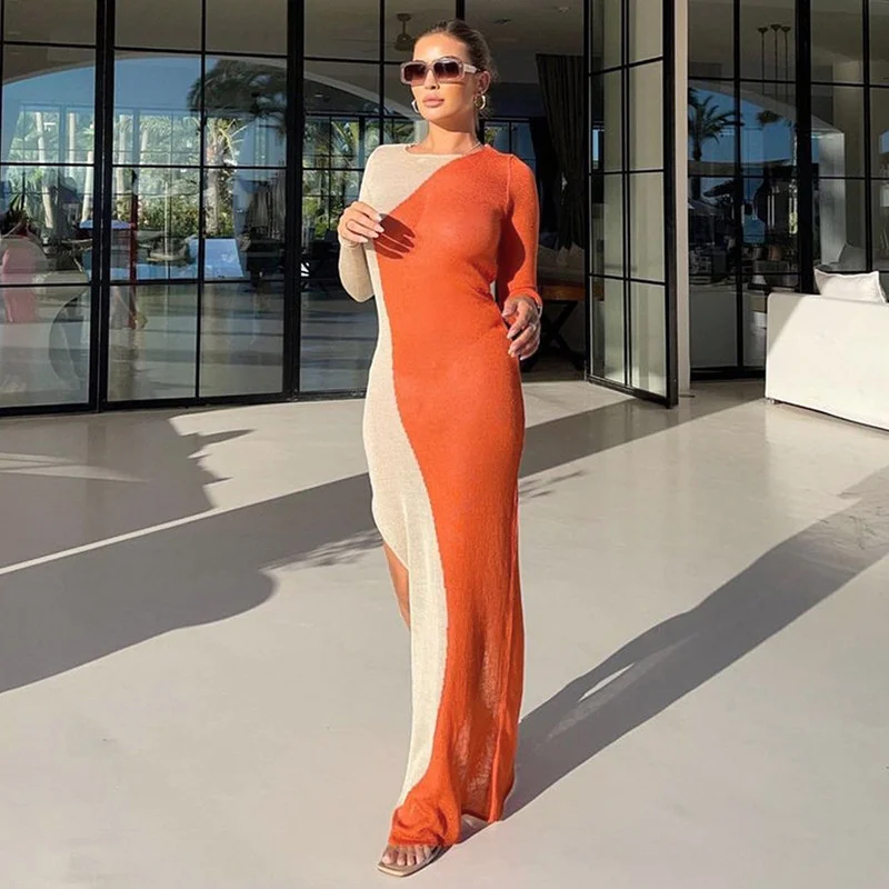 

Women Mesh See Through Color Block Bodycon Long Dress 2021 Autumn Long Sleeve Side Slit Midi Dresses Panelled Sheer Maxi Dress