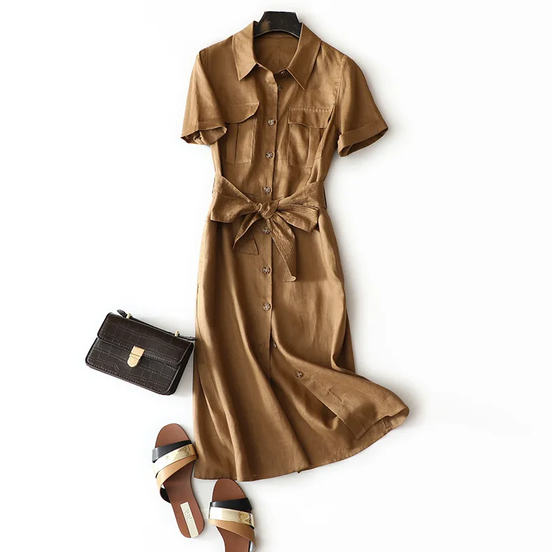 

2021 summer new elegant and capable tooling style waist closing leisure long high count linen dress for women