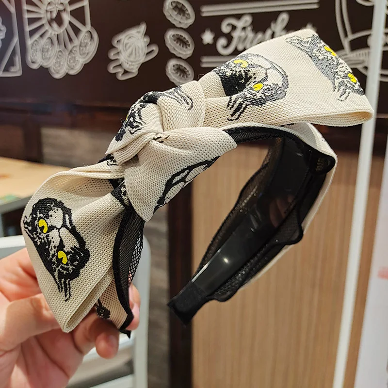 

Korean New Hair Accessories Letter Cat's Head Ribbon Lace Net Yarn Middle Knot Head Hoop Wide Edge Butterfly Hair Hoop Women