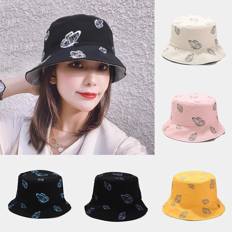 

Summer Bucket Hats for Women Butterfly Print Hip Hop Caps Double-Side Foldable Girls Panama Cap Outdoor Sun Hat