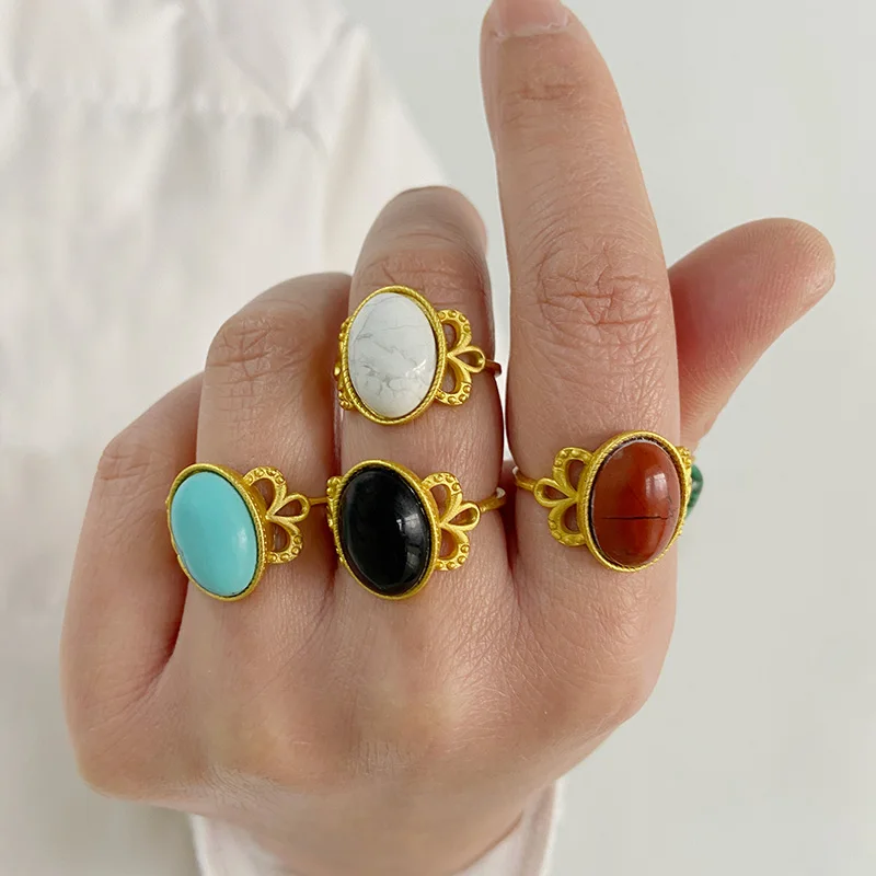 

Vintage Gold Color Rings Adjustable Jewelry Agates Turquoise Natural Stone Rings for Men Women Fashion Bohemian Jewelry Partry