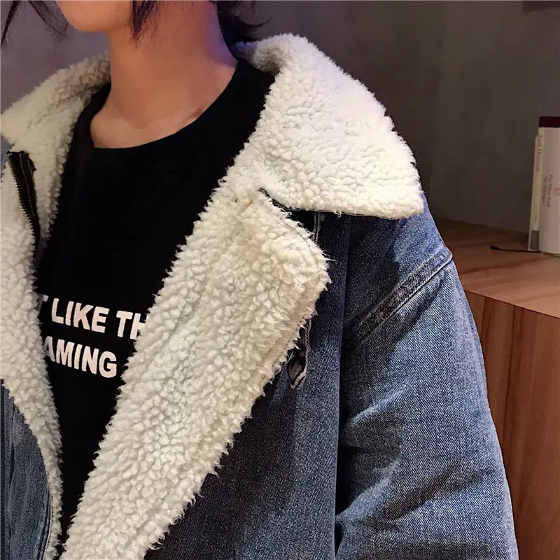 

Oversize Curling Sleeve Turn-down Collar Jean Coat Women Korean Thick Lamb Wool Overcoat Streetwear Loose Cowboy Cotton Clothes
