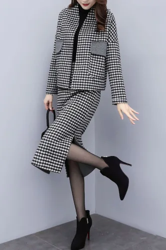 Шерстяной комплект из 2 предметов Женский с юбкой клетчатый двух корейский