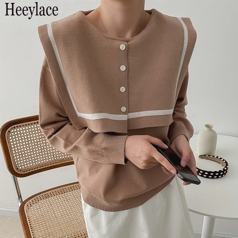 

New 2021 Women Autumn Winter Sweaters Knitted Elegant Sailor Collar Vintage Fashionable Pullover Lady Tops