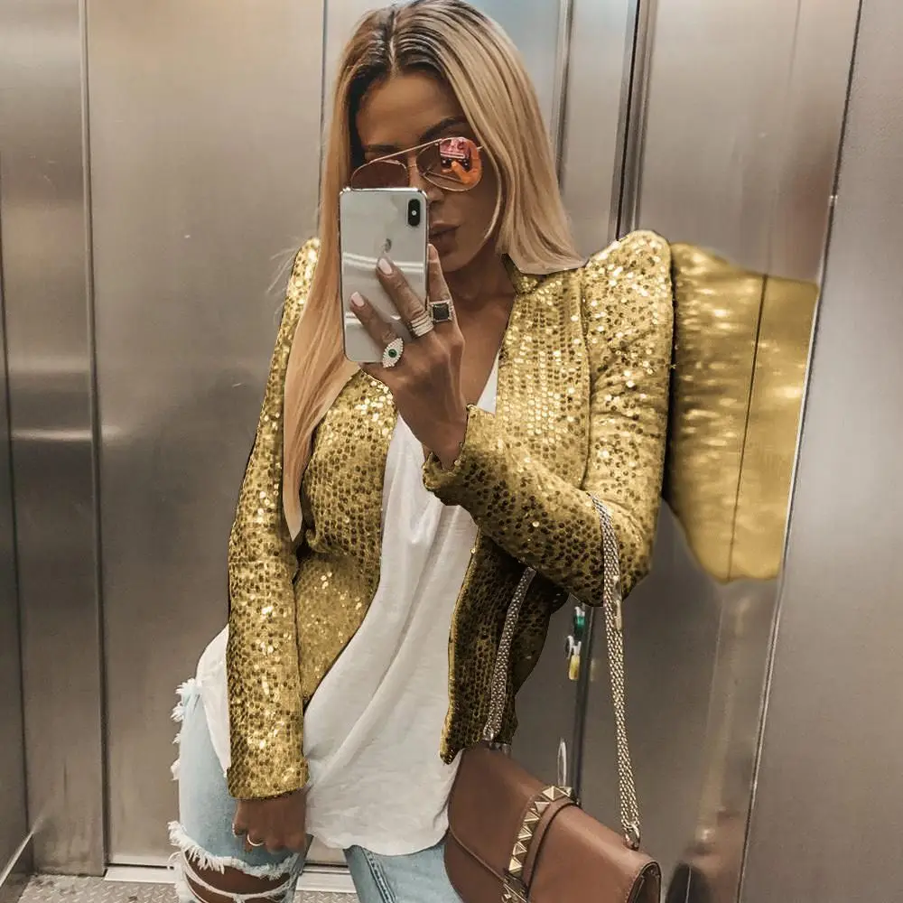 Women Ladies Solid Sequined Sexy Casual Coat Jacket Slim Bodycon Suit Collarless Open Stitch | Женская одежда