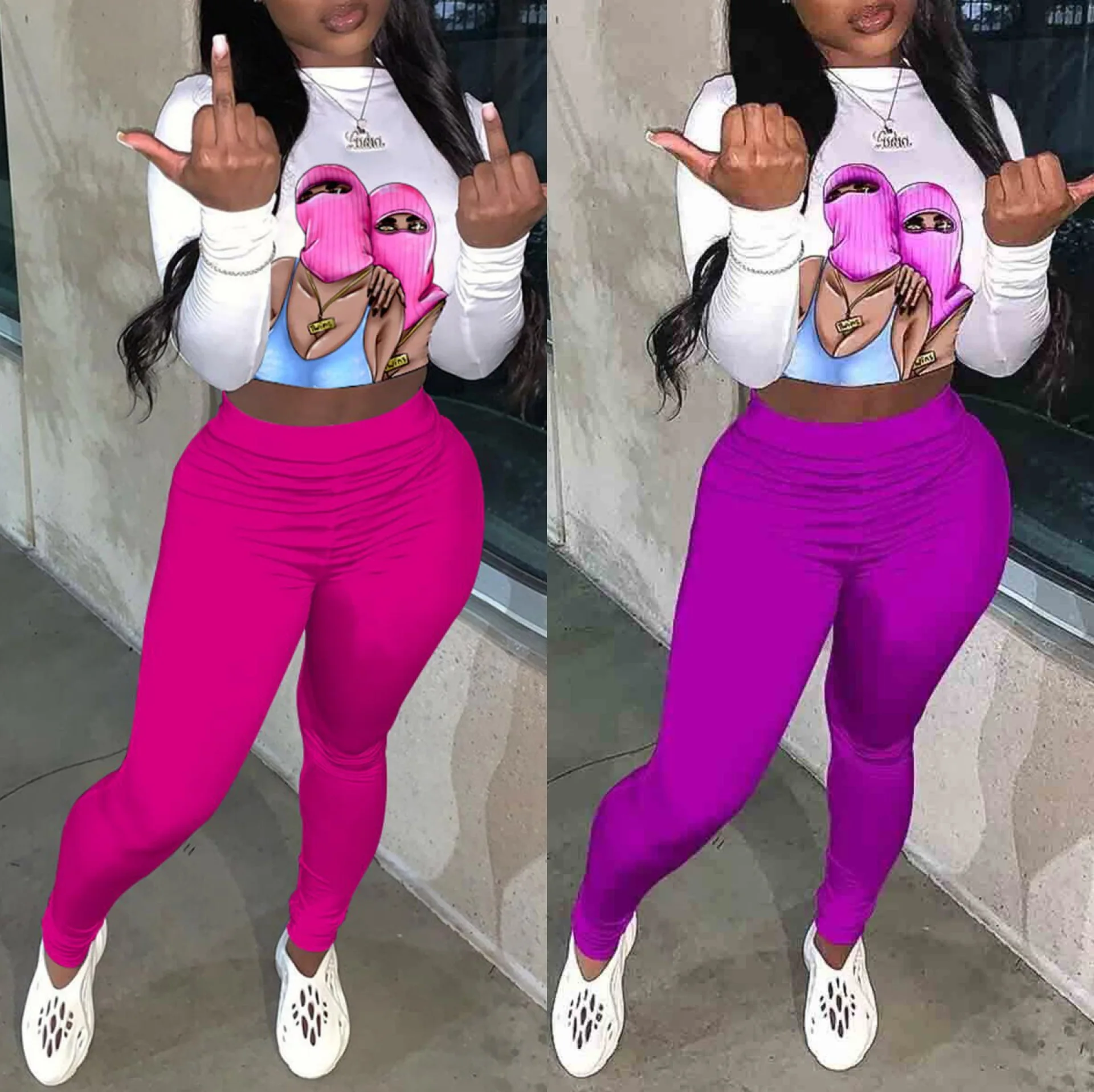 

Cutubly 2 Piece Set For Women T-Shirt Slim Pants Summer Sexy Party Long Sleeve Women Outfit Set New Fashion Printed Club Set