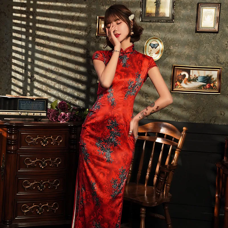 Бордовое классическое женское платье Cheongsam с коротким рукавом Элегантное