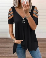 summer women studded zipper designed t shirt 2022 femme casual cold shoulder short sleeve top tee ladies outfits blouse tunic